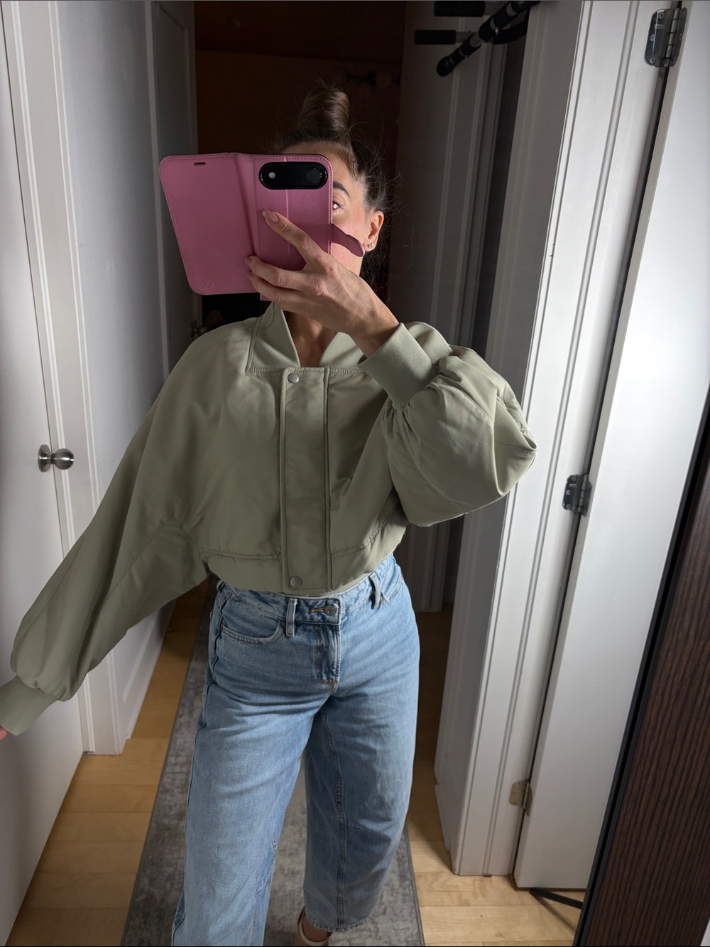 Zara Cropped Bomber Jacket in Sage Green - Picture 2 of 7